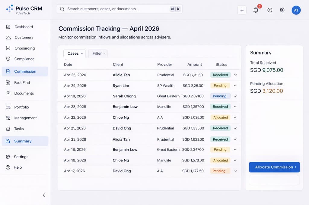 Commission tracking & inflows — product screenshot