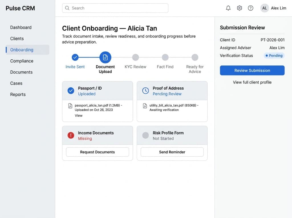 Client onboarding & document intake — product screenshot