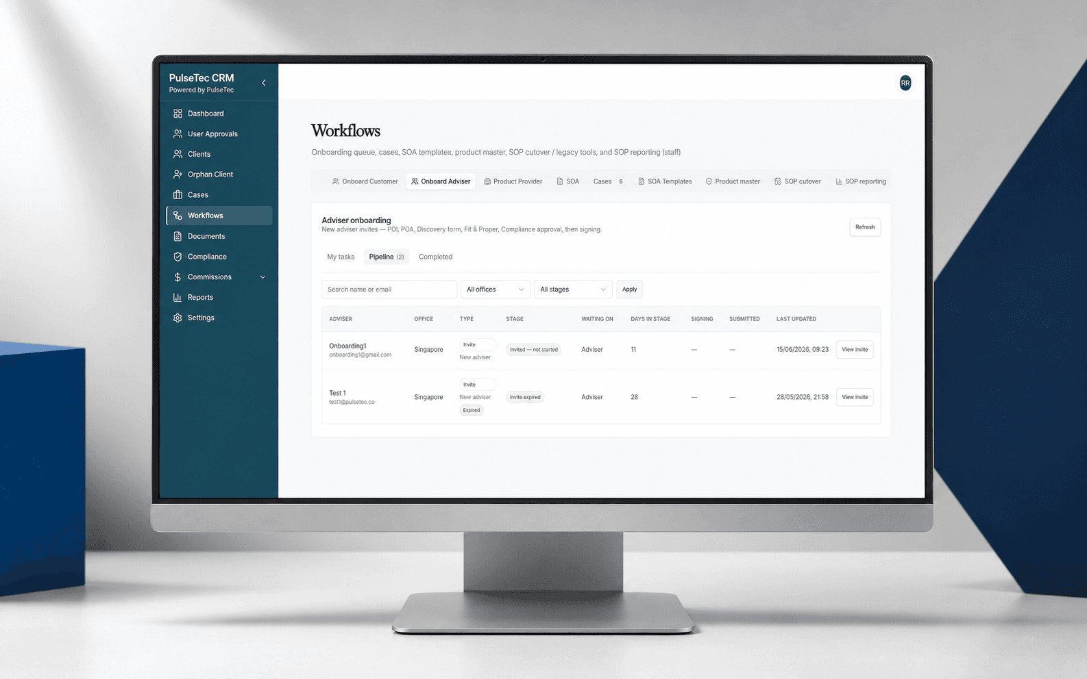 Pulse CRM adviser onboarding workflow pipeline with stages, offices, and invite status